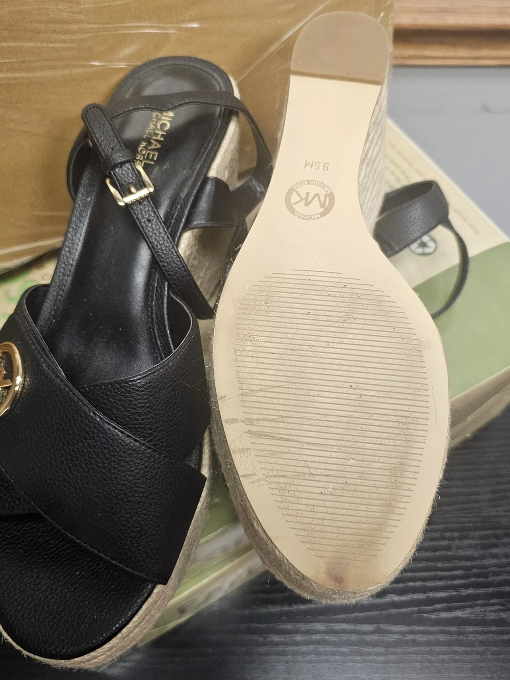 Michael Kors Black Leather Logo Espadrille Wedge Sandals